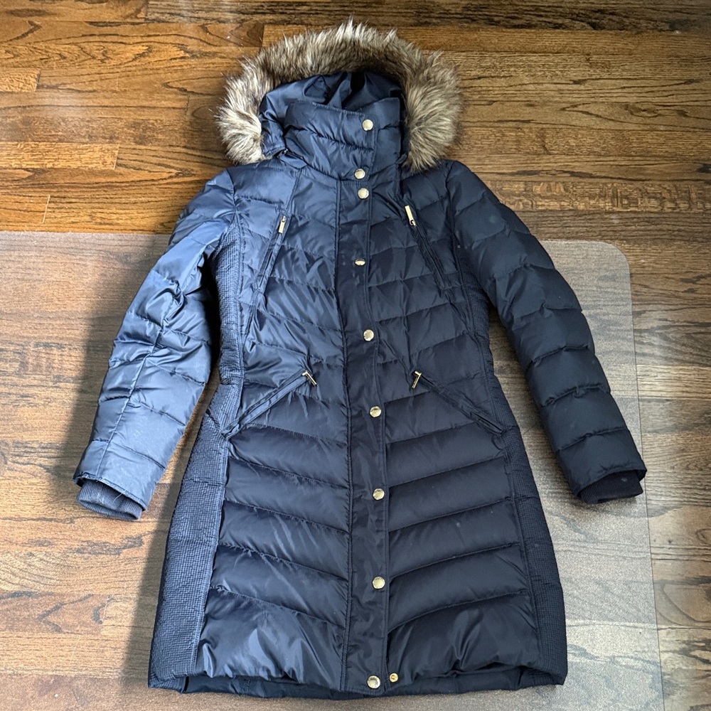 Michael Kors Navy Long Hooded Puffer Coat with Faux Fur Trim